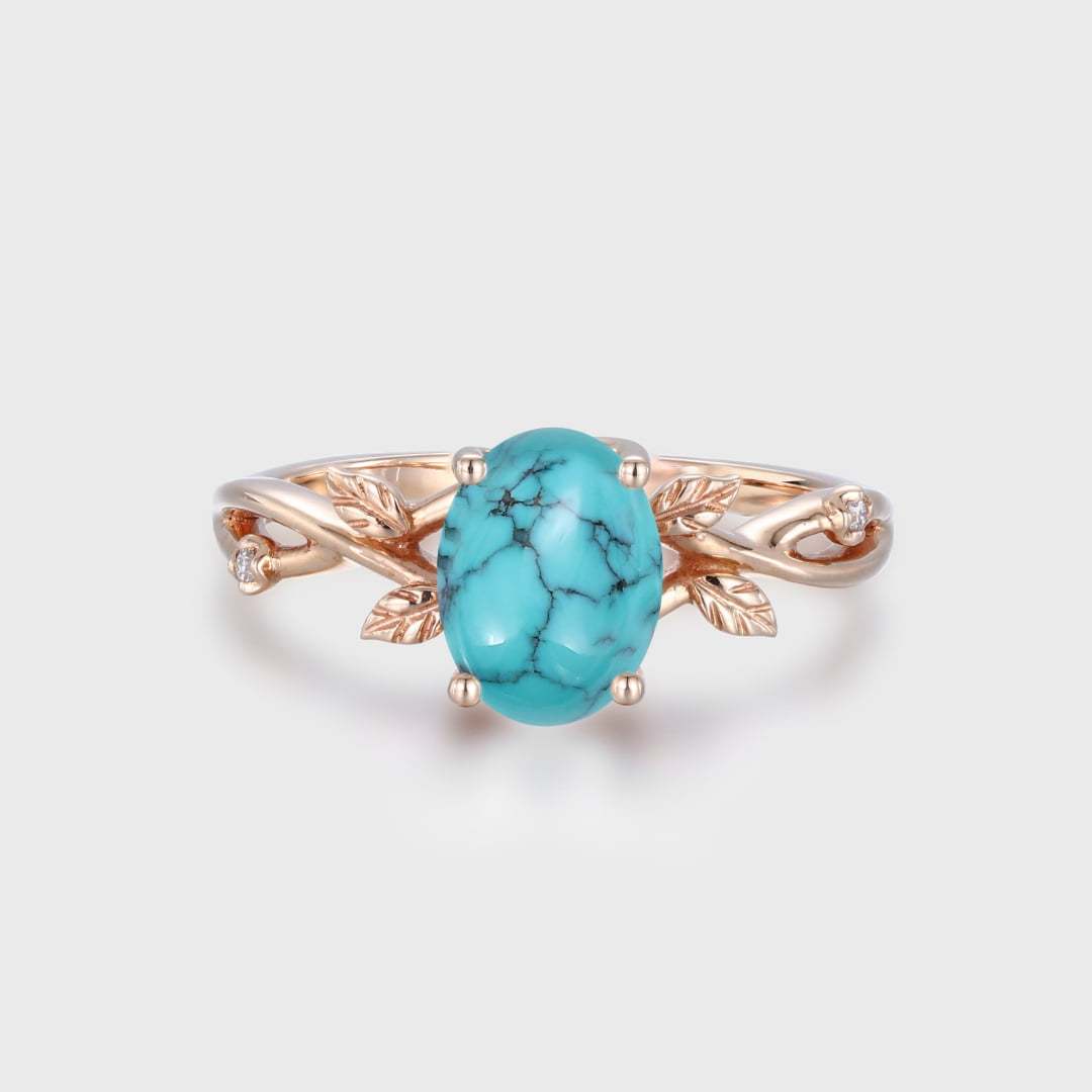 Oval shaped Rose gold Turquoise engagement ring Solid 14k rose gold branches leaf Leaves twig ring Unique diamond wedding ring women