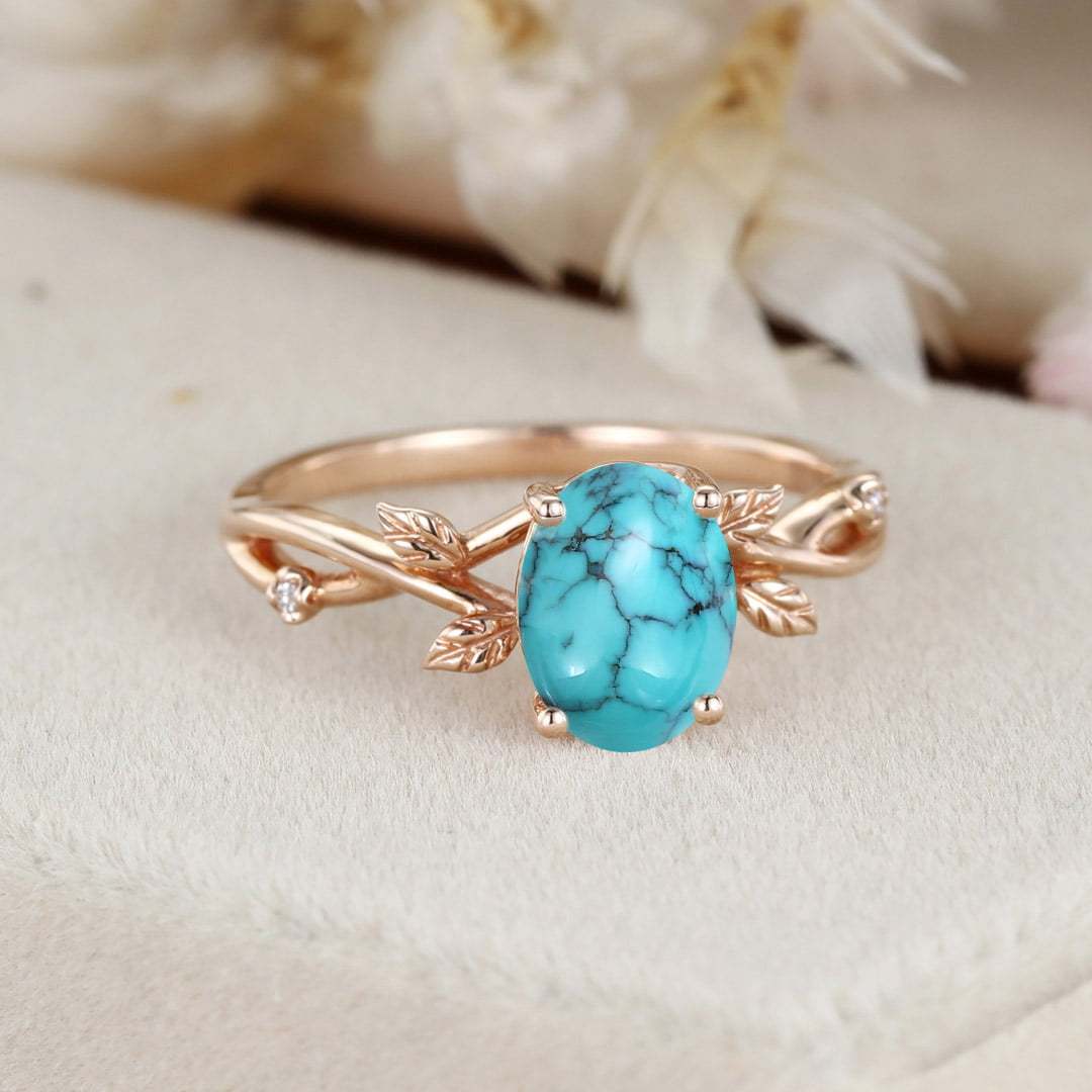 Oval shaped Rose gold Turquoise engagement ring Solid 14k rose gold branches leaf Leaves twig ring Unique diamond wedding ring women