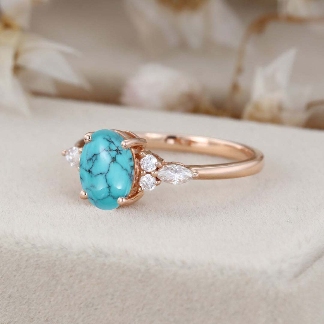 Oval shaped Turquoise engagement ring Vintage Rose gold engagement ring women Marquise cut Diamond wedding Bridal Anniversary ring