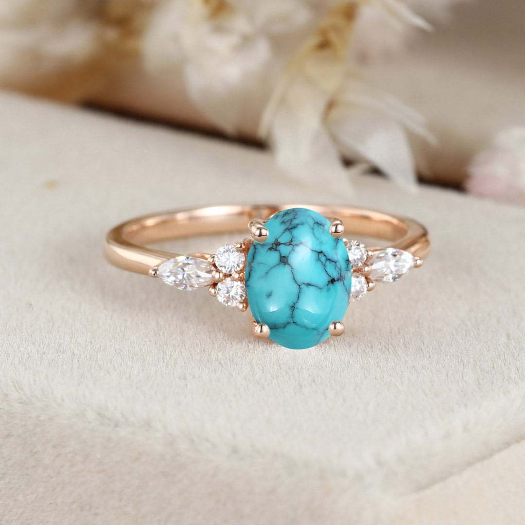 Oval shaped Turquoise engagement ring Vintage Rose gold engagement ring women Marquise cut Diamond wedding Bridal Anniversary ring