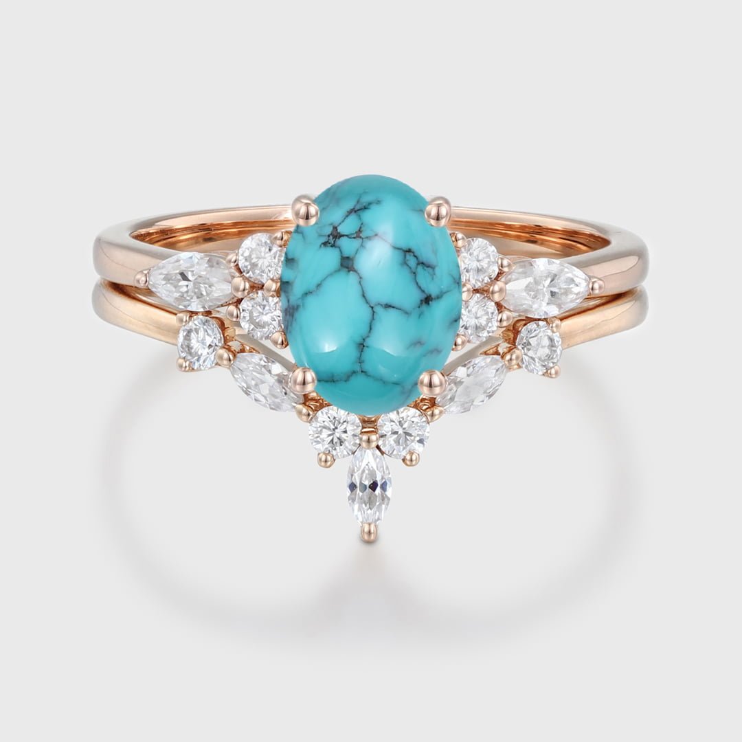 Oval shaped Turquoise engagement ring set 14K Rose gold Moissanite engagement ring Diamond wedding Bridal Promise Anniversary gift ring