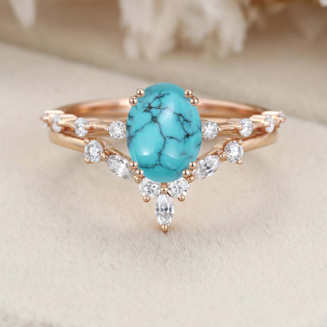 Oval shaped Turquoise engagement ring set Vintage Rose gold engagement ring Marquise Diamond Cluster ring Bridal Anniversary Promise ring