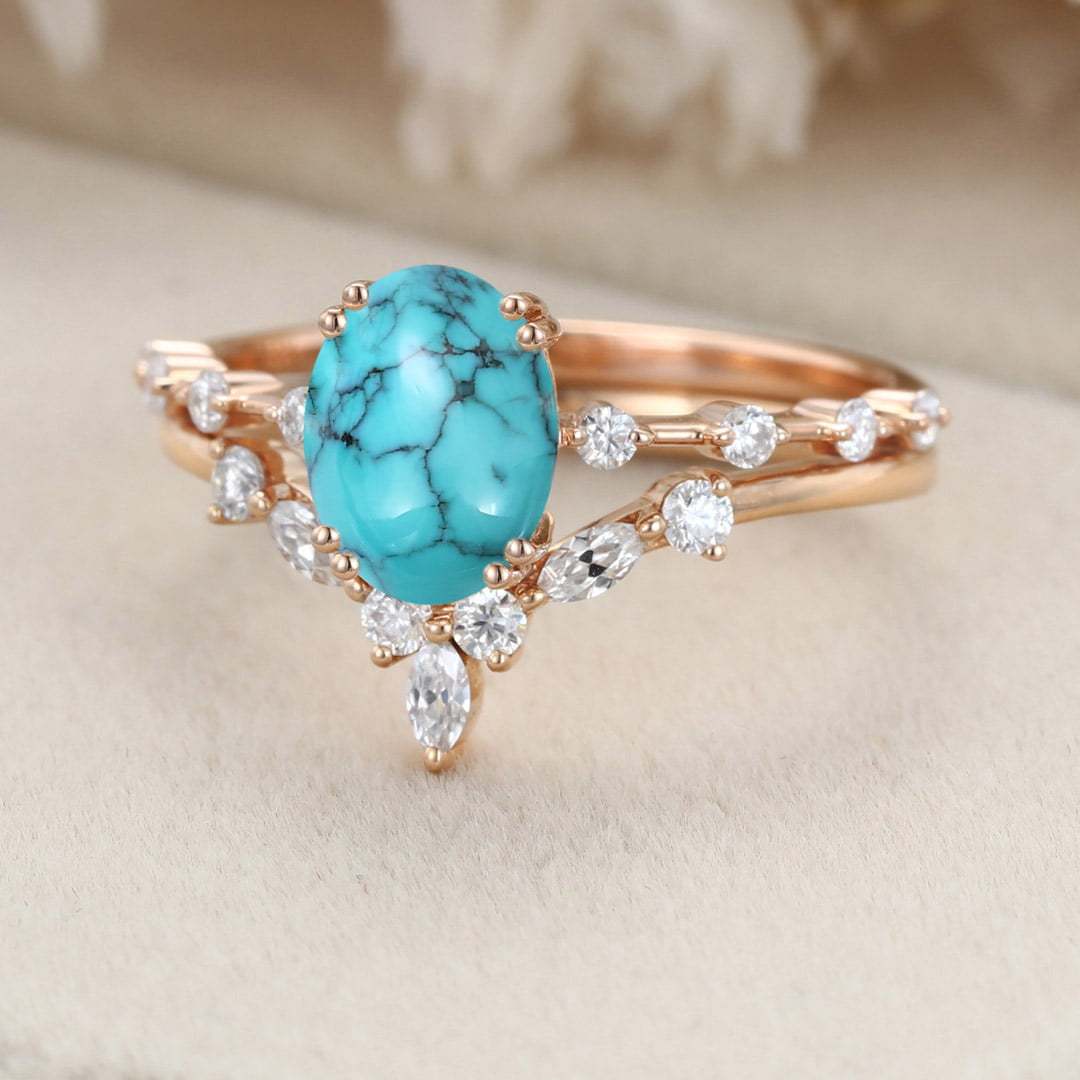 Oval shaped Turquoise engagement ring set Vintage Rose gold engagement ring Marquise Diamond Cluster ring Bridal Anniversary Promise ring
