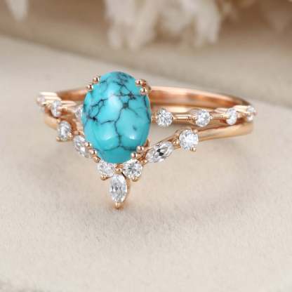 Oval shaped Turquoise engagement ring set Vintage Rose gold engagement ring Marquise Diamond Cluster ring Bridal Anniversary Promise ring