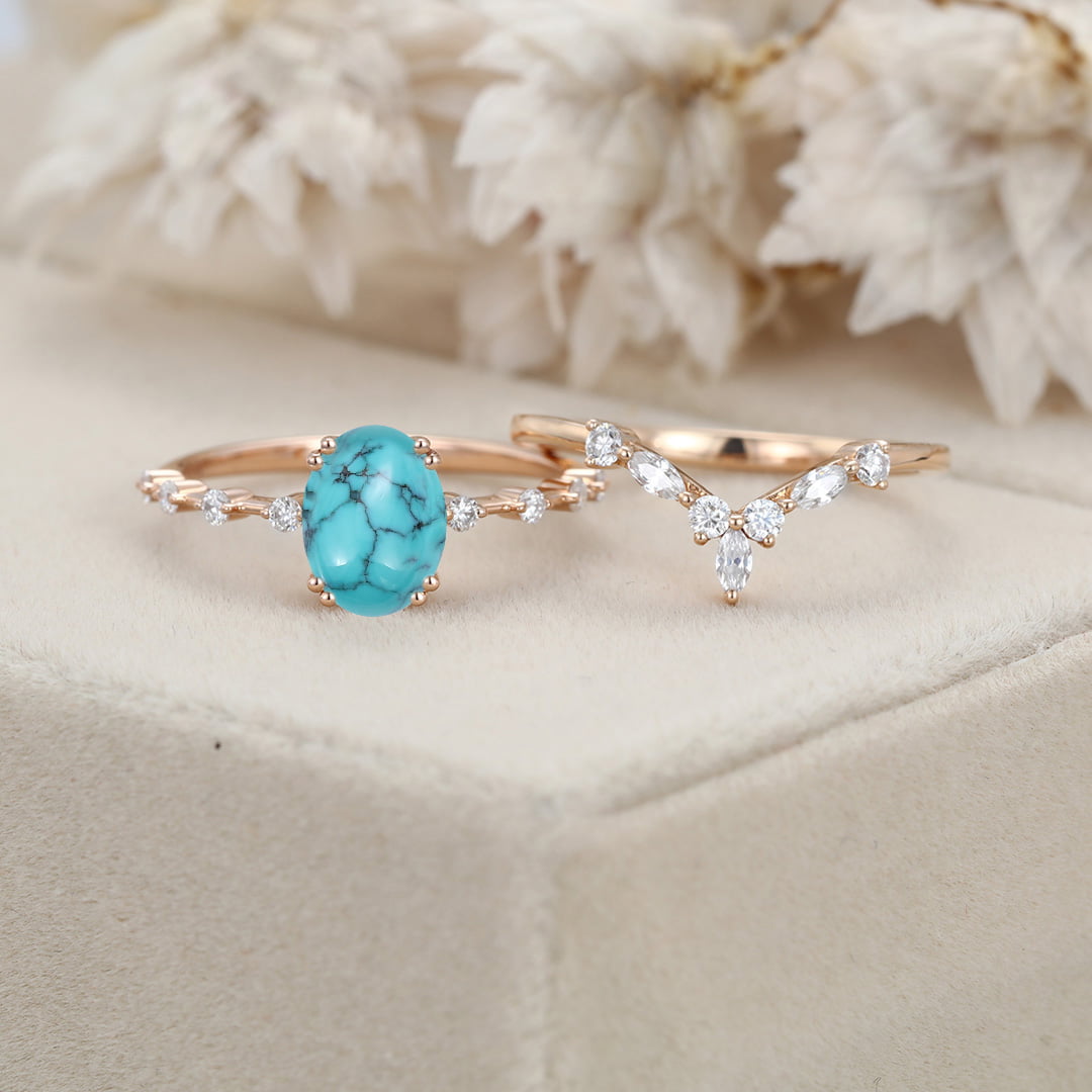 Oval shaped Turquoise engagement ring set Vintage Rose gold engagement ring Marquise Diamond Cluster ring Bridal Anniversary Promise ring