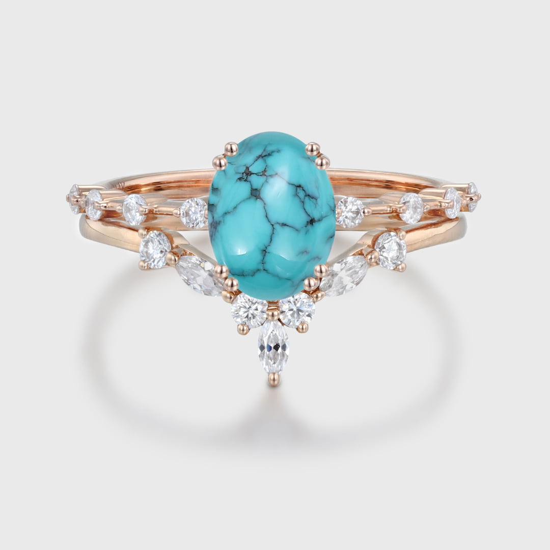 Oval Cut 8x6mm Oval Shaped Turquoise and Diamond Wedding Band Set