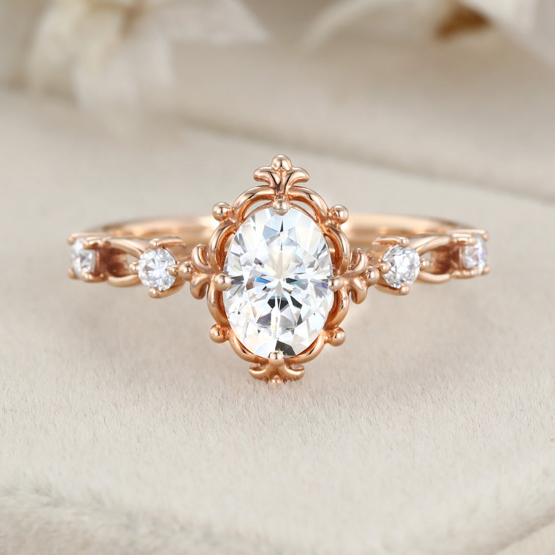 Art deco Vintage 1 Carat Oval Cut Moissanite Engagement Ring In 14K Rose Gold