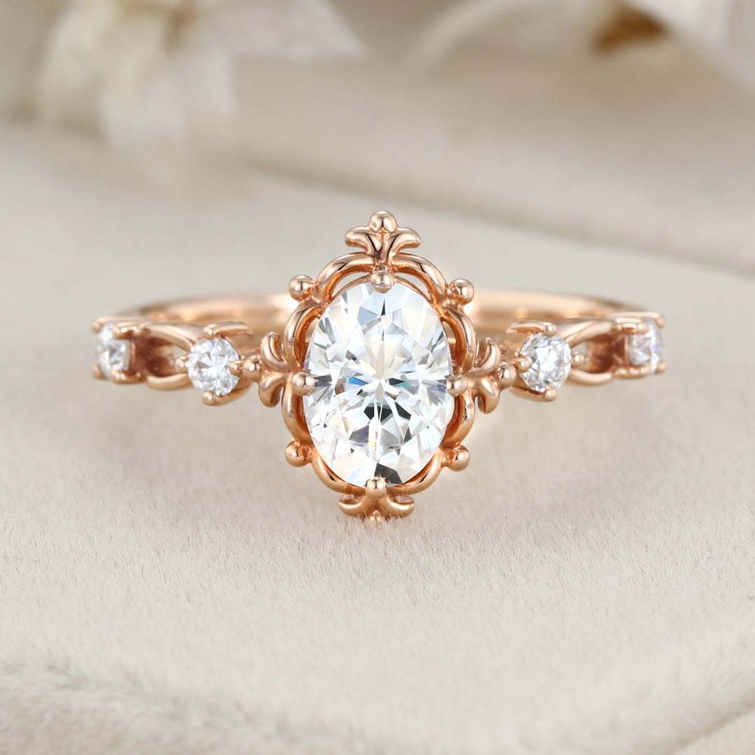 Art deco Vintage 1 Carat Oval Cut Moissanite Engagement Ring In 14K Rose Gold