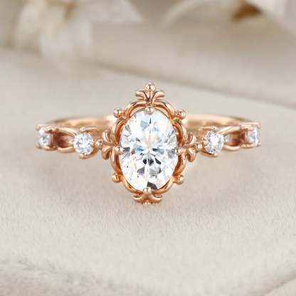 Art deco Vintage 1 Carat Oval Cut Moissanite Engagement Ring In 14K Rose Gold
