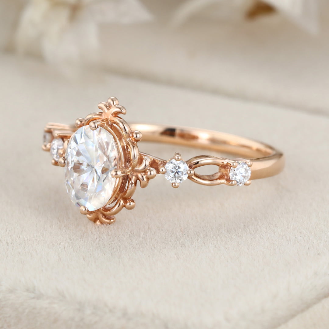 Art deco Vintage 1 Carat Oval Cut Moissanite Engagement Ring In 14K Rose Gold