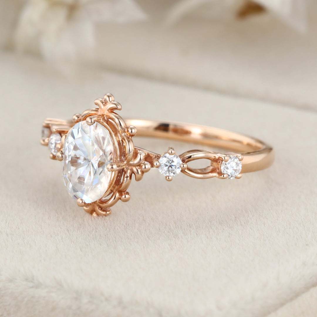 Art deco Vintage 1 Carat Oval Cut Moissanite Engagement Ring In 14K Rose Gold