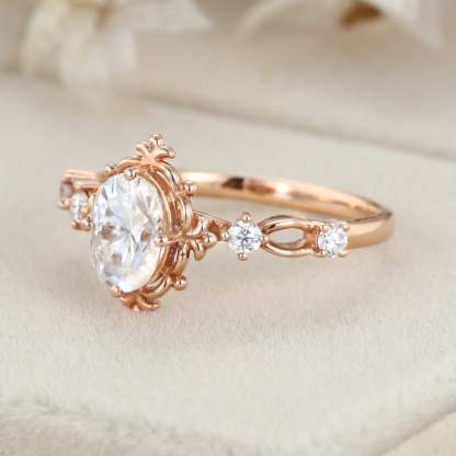 Art deco Vintage 1 Carat Oval Cut Moissanite Engagement Ring In 14K Rose Gold