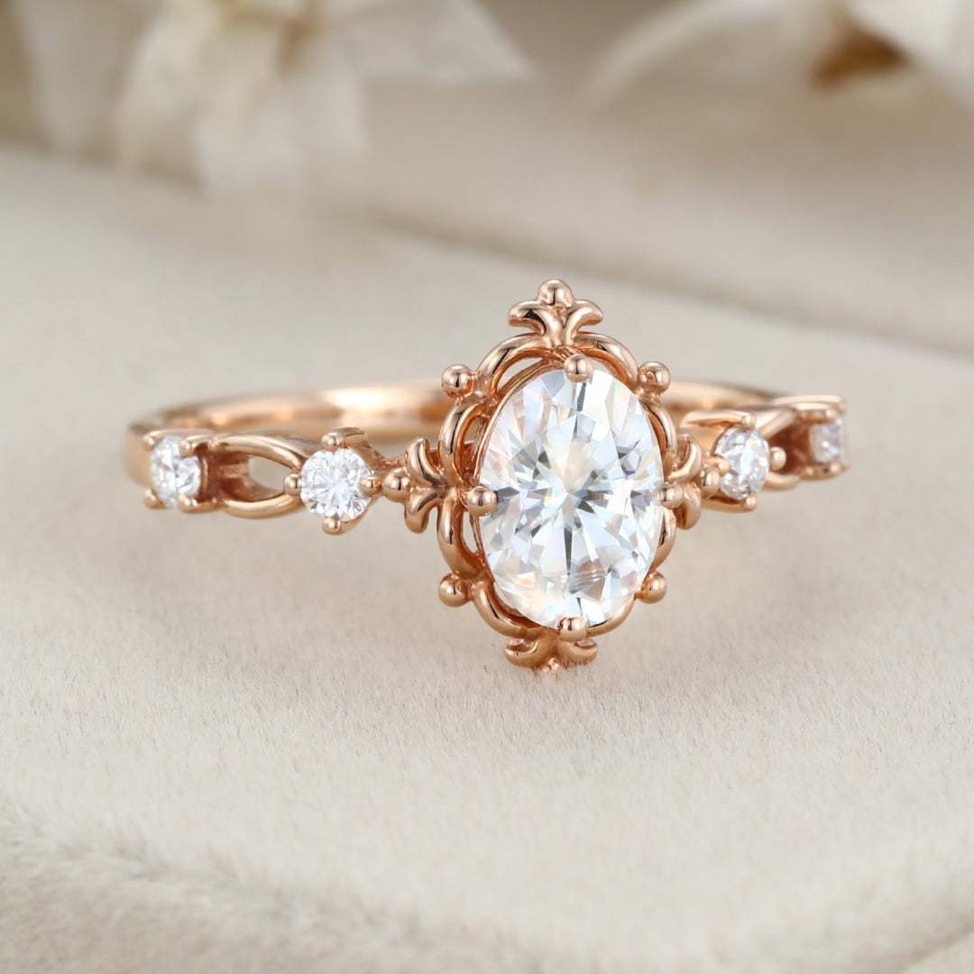 Art deco Vintage 1 Carat Oval Cut Moissanite Engagement Ring In 14K Rose Gold