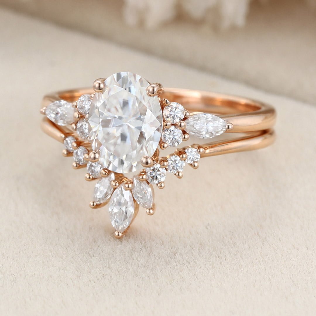 Oval shaped moissanite engagement ring set unique vintage rose gold marquise Cluster diamond curve matching Wedding Anniversary gift for her