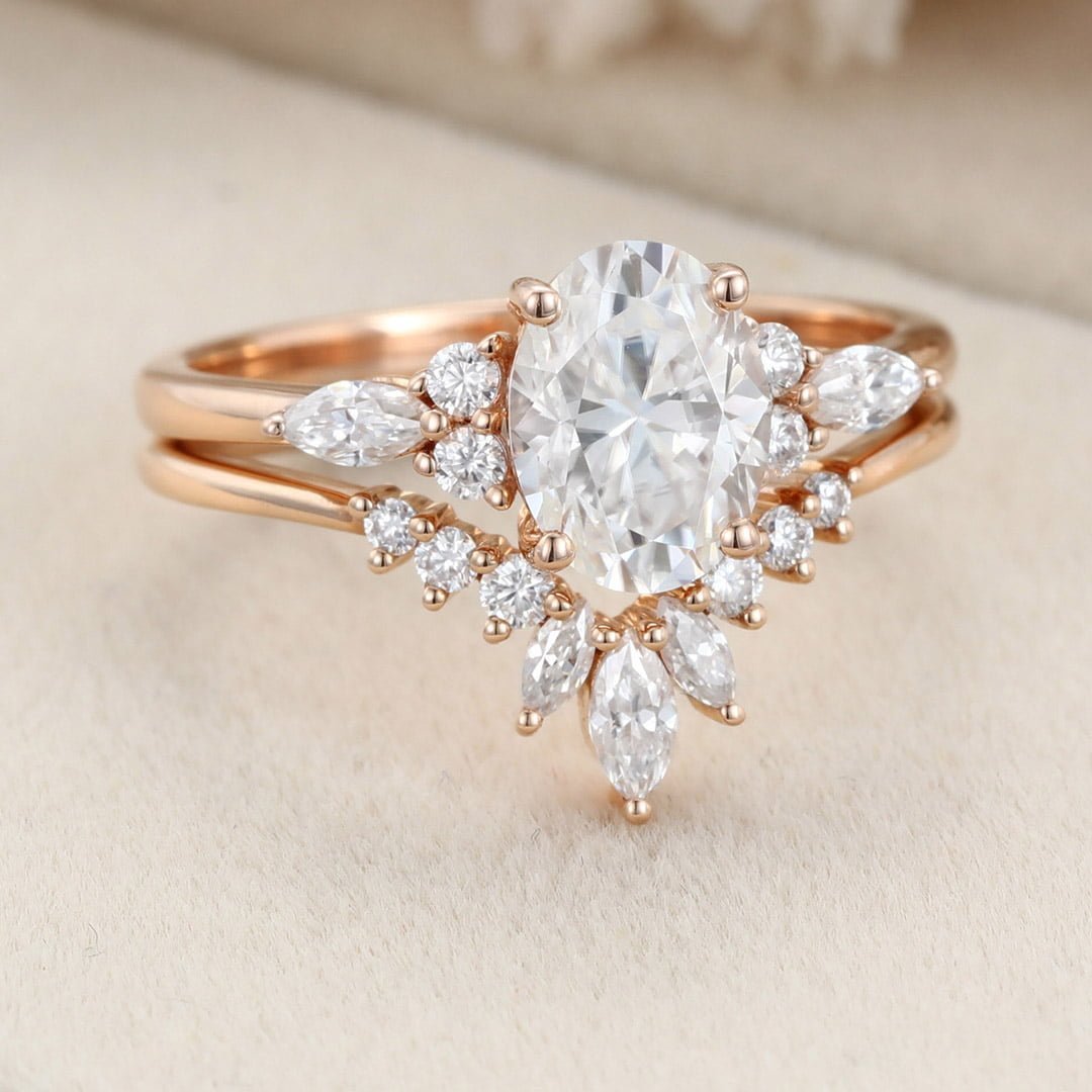 Oval shaped moissanite engagement ring set unique vintage rose gold marquise Cluster diamond curve matching Wedding Anniversary gift for her