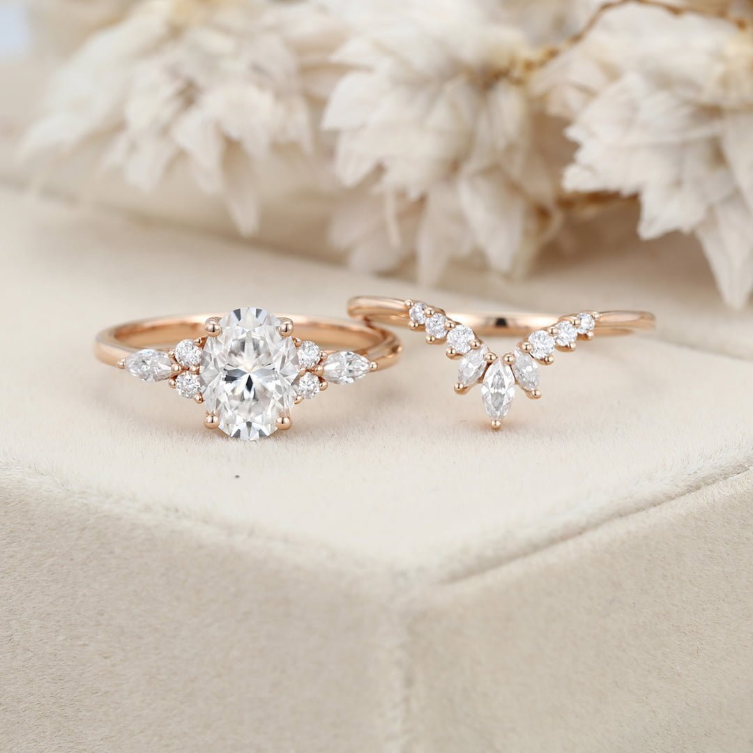 Oval shaped moissanite engagement ring set unique vintage rose gold marquise Cluster diamond curve matching Wedding Anniversary gift for her