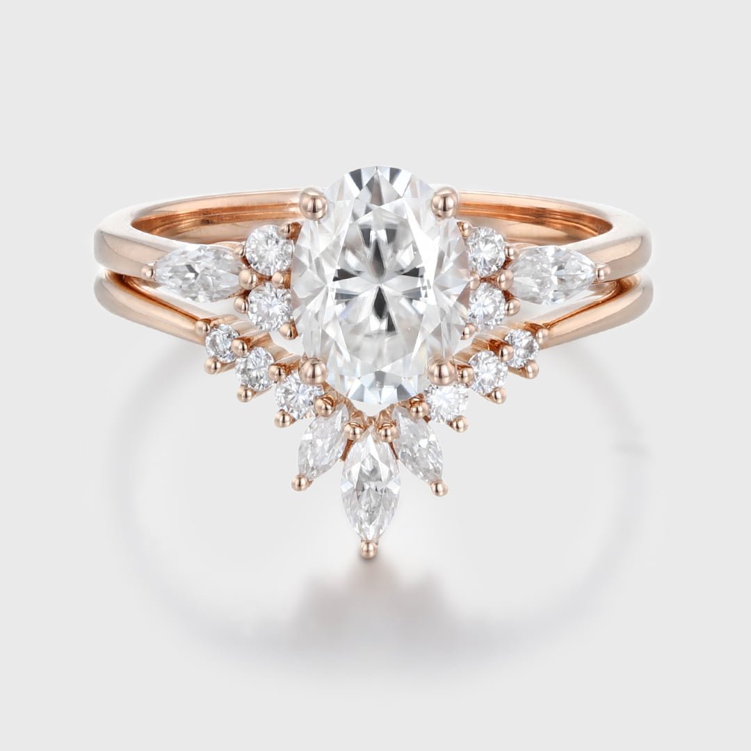 Oval shaped moissanite engagement ring set unique vintage rose gold marquise Cluster diamond curve matching Wedding Anniversary gift for her
