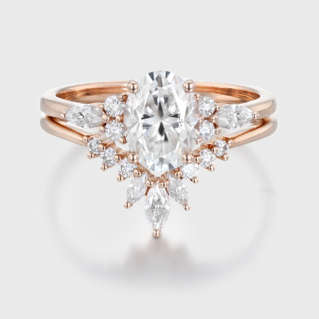 Oval shaped moissanite engagement ring set unique vintage rose gold marquise Cluster diamond curve matching Wedding Anniversary gift for her