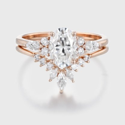Oval shaped moissanite engagement ring set unique vintage rose gold marquise Cluster diamond curve matching Wedding Anniversary gift for her