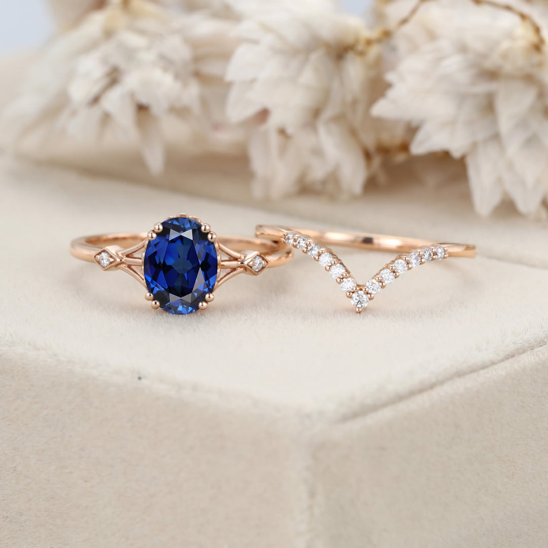 Oval shaped sapphire engagement ring set Unique vintage rose gold engagement ring woman Curved Diamond wedding Bridal set Anniversary gift