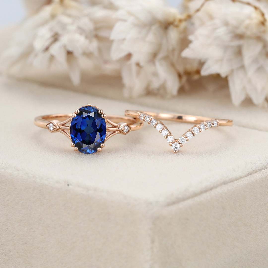 Oval shaped sapphire engagement ring set Unique vintage rose gold engagement ring woman Curved Diamond wedding Bridal set Anniversary gift