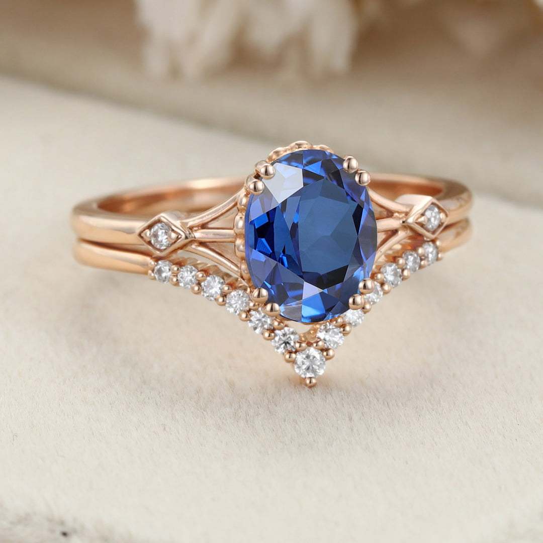 Oval shaped sapphire engagement ring set Unique vintage rose gold engagement ring woman Curved Diamond wedding Bridal set Anniversary gift