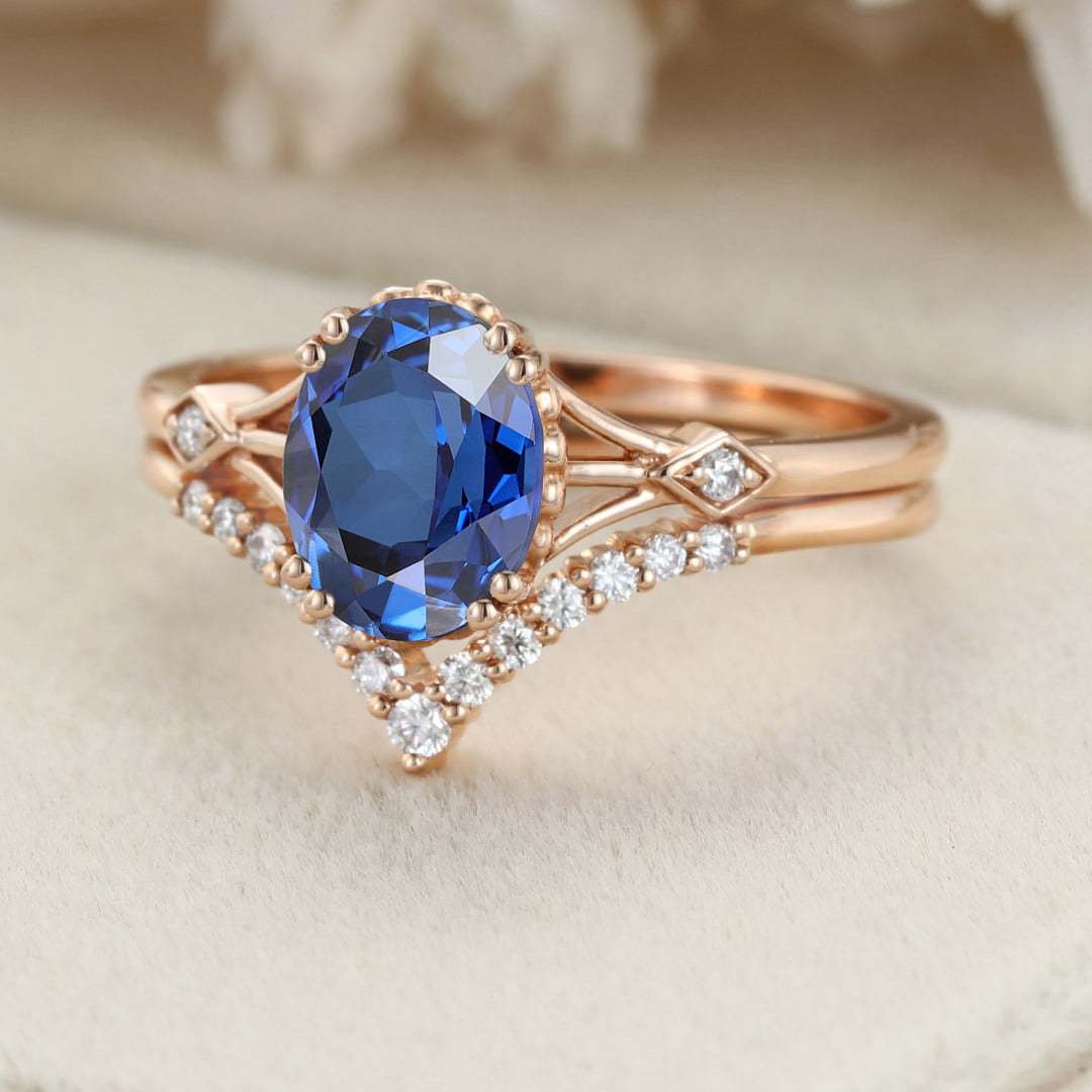 Oval shaped sapphire engagement ring set Unique vintage rose gold engagement ring woman Curved Diamond wedding Bridal set Anniversary gift