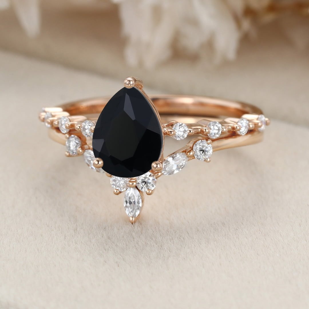 Pear Black Onyx engagement ring set Vintage Rose gold moissanite engagement ring unique marquise cluster ring bridal promise Anniversary gift