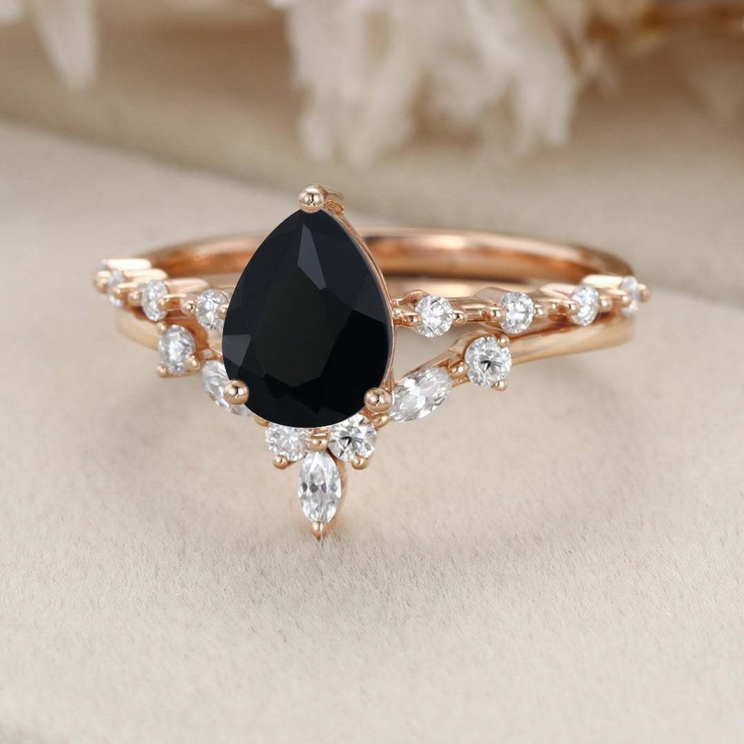 Pear Black Onyx engagement ring set Vintage Rose gold moissanite engagement ring unique marquise cluster ring bridal promise Anniversary gift