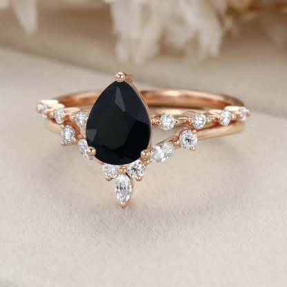 Pear Black Onyx engagement ring set Vintage Rose gold moissanite engagement ring unique marquise cluster ring bridal promise Anniversary gift