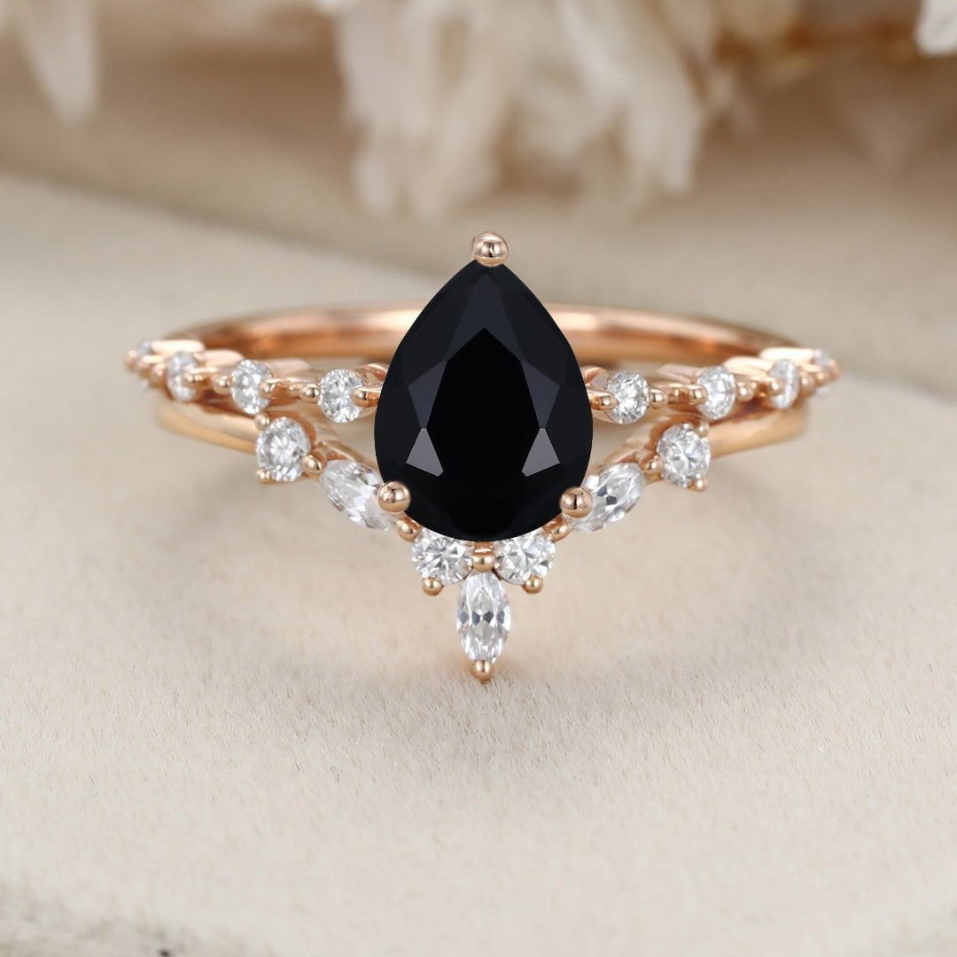 Pear Black Onyx engagement ring set Vintage Rose gold moissanite engagement ring unique marquise cluster ring bridal promise Anniversary gift