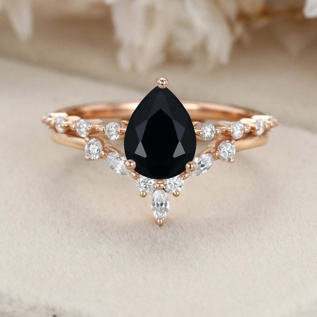 Pear Black Onyx engagement ring set Vintage Rose gold moissanite engagement ring unique marquise cluster ring bridal promise Anniversary gift