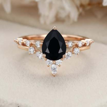 Pear Black Onyx engagement ring set Vintage Rose gold moissanite engagement ring unique marquise cluster ring bridal promise Anniversary gift