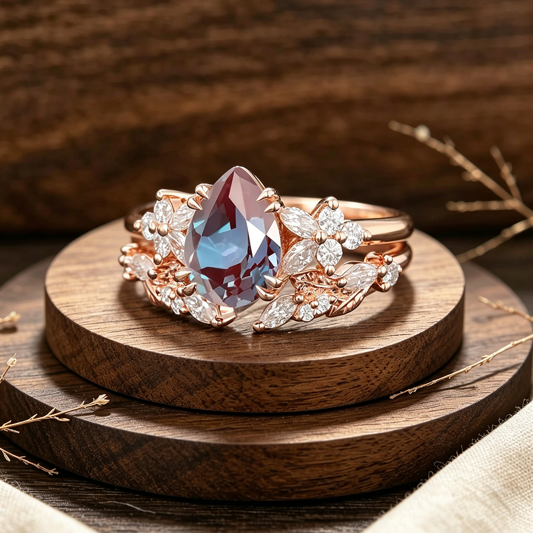 Pear Cut Alexandrite Cluster Engagement Ring Set For Her 2pcs Matching Band