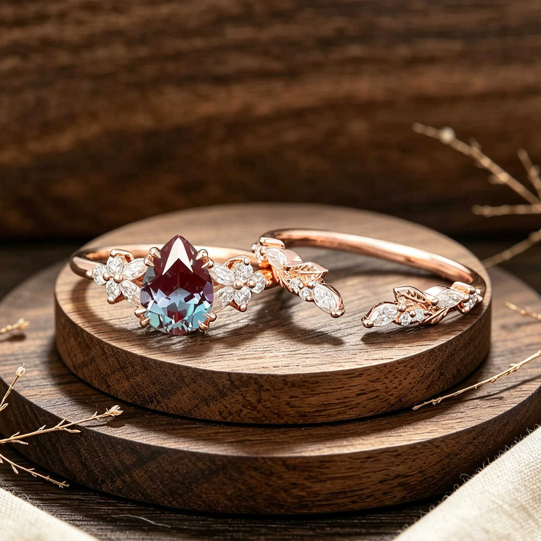 Pear Cut Alexandrite Cluster Engagement Ring Set For Her 2pcs Matching Band