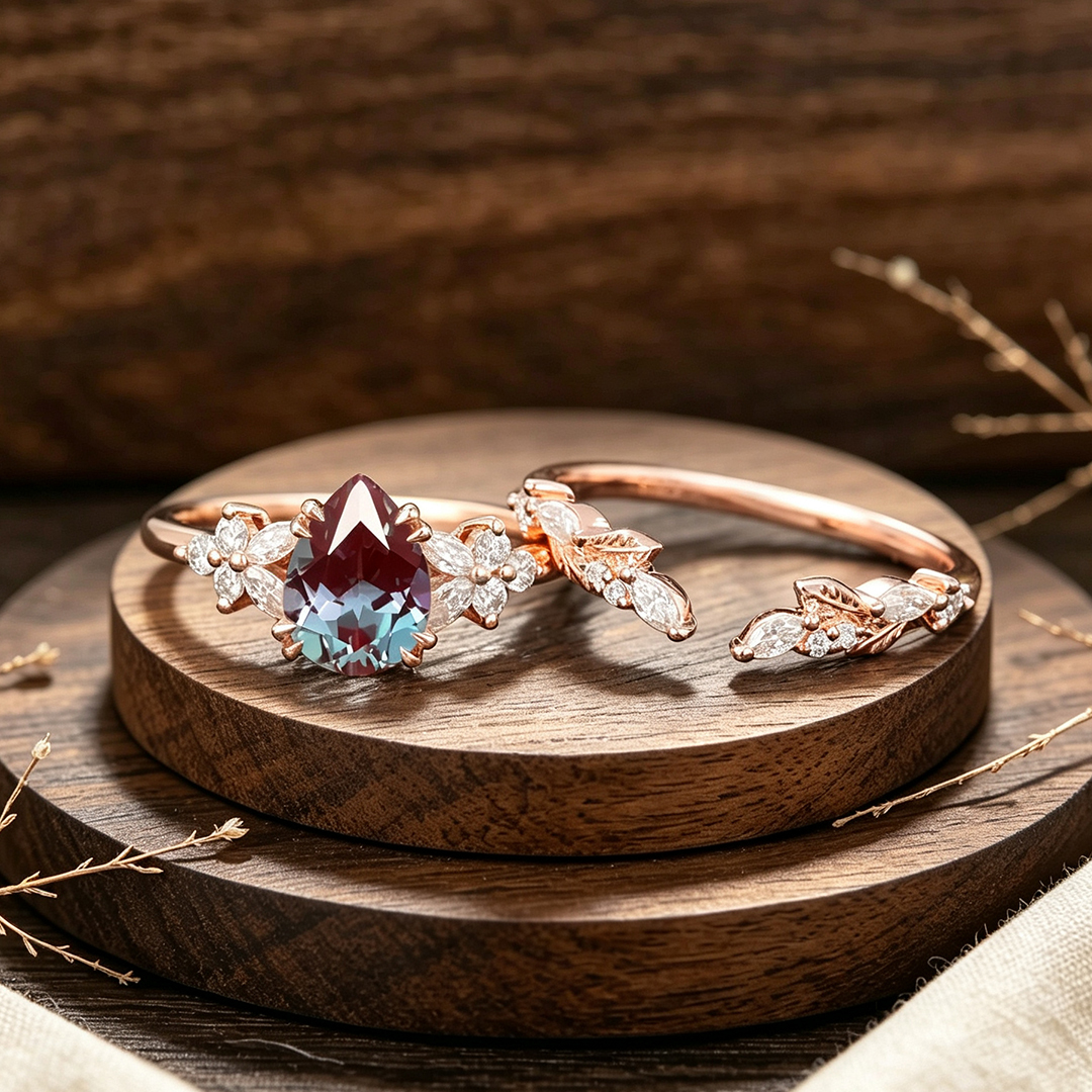 Pear Cut Alexandrite Cluster Engagement Ring Set For Her 2pcs Matching Band