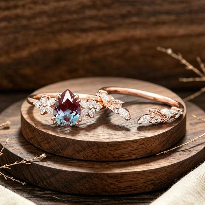 Pear Cut Alexandrite Cluster Engagement Ring Set For Her 2pcs Matching Band