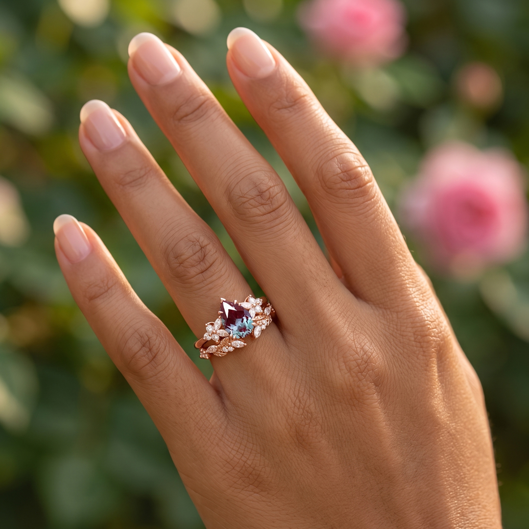 Pear Cut Alexandrite Cluster Engagement Ring Set For Her 2pcs Matching Band