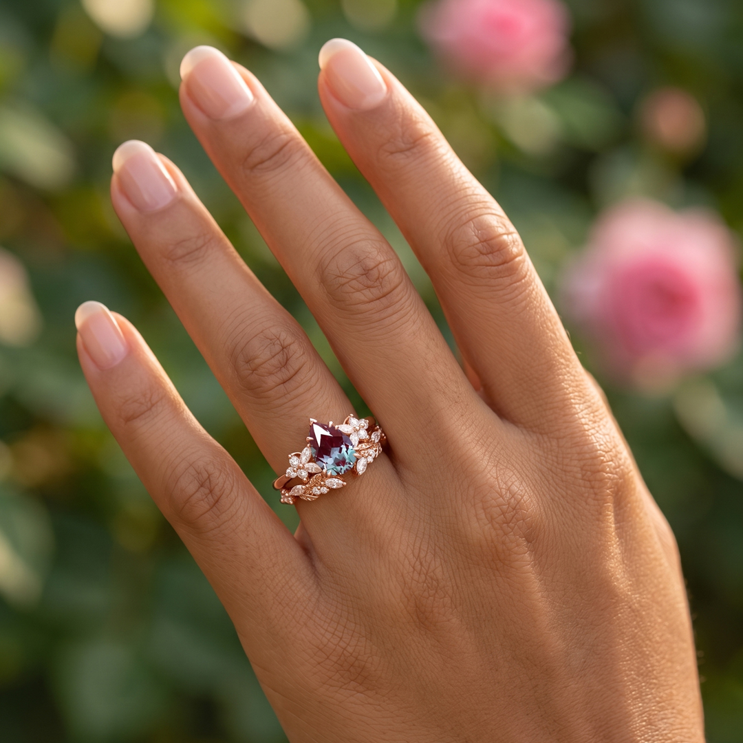 Pear Cut Alexandrite Cluster Engagement Ring Set For Her 2pcs Matching Band