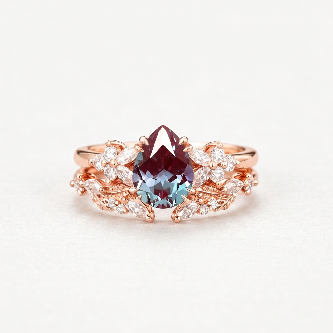 Pear Cut Alexandrite Cluster Engagement Ring Set For Her 2pcs Matching Band