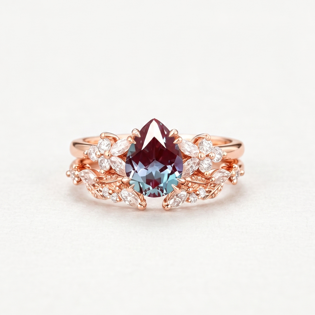 Pear Cut Alexandrite Cluster Engagement Ring Set For Her 2pcs Matching Band