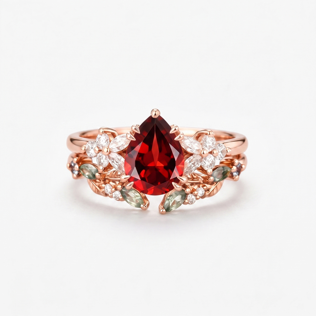 Pear Cut Garnet Engagement Ring Set Classic Cluster Bridal Ring