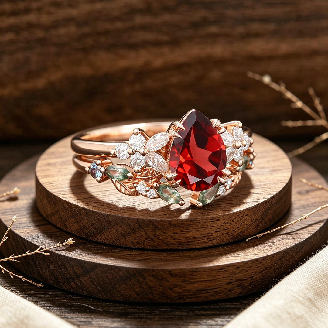 Pear Cut Garnet Engagement Ring Set Classic Cluster Bridal Ring