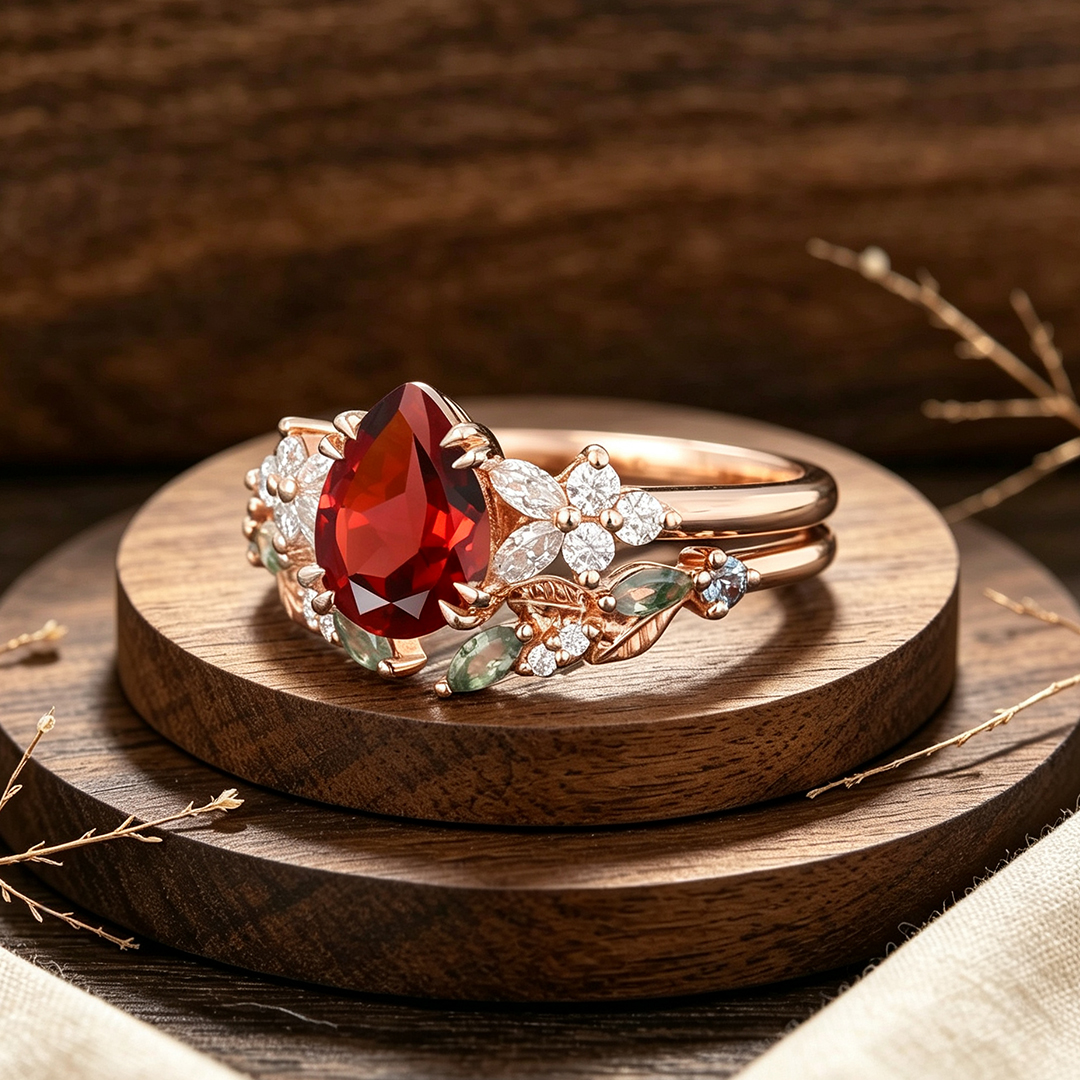 Pear Cut Garnet Engagement Ring Set Classic Cluster Bridal Ring