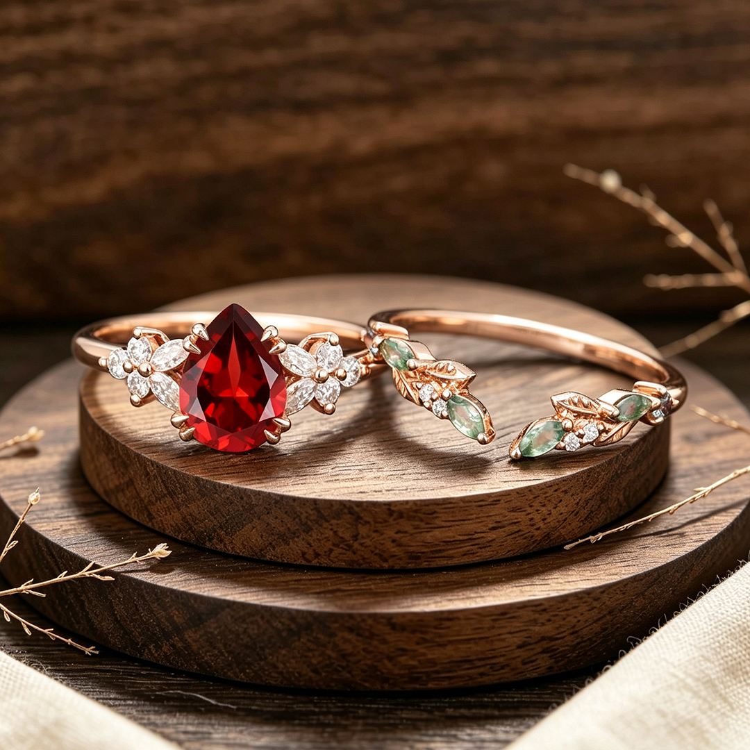 Pear Cut Garnet Engagement Ring Set Classic Cluster Bridal Ring
