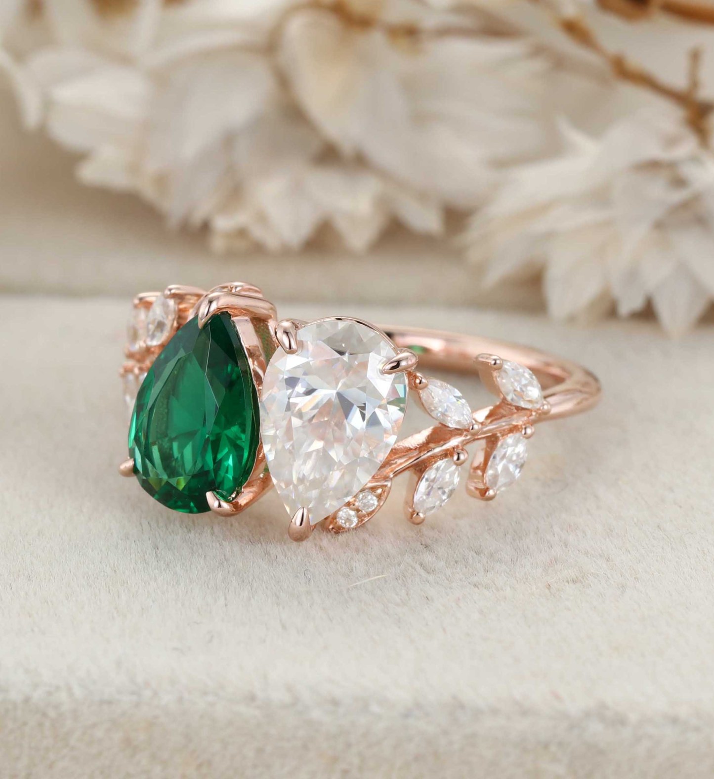 Pear Cut Lab Emerald & Moissanite Toi Et Moi Engagement Ring Two Stone 1.5Ct Wedding Ring Gift For Her