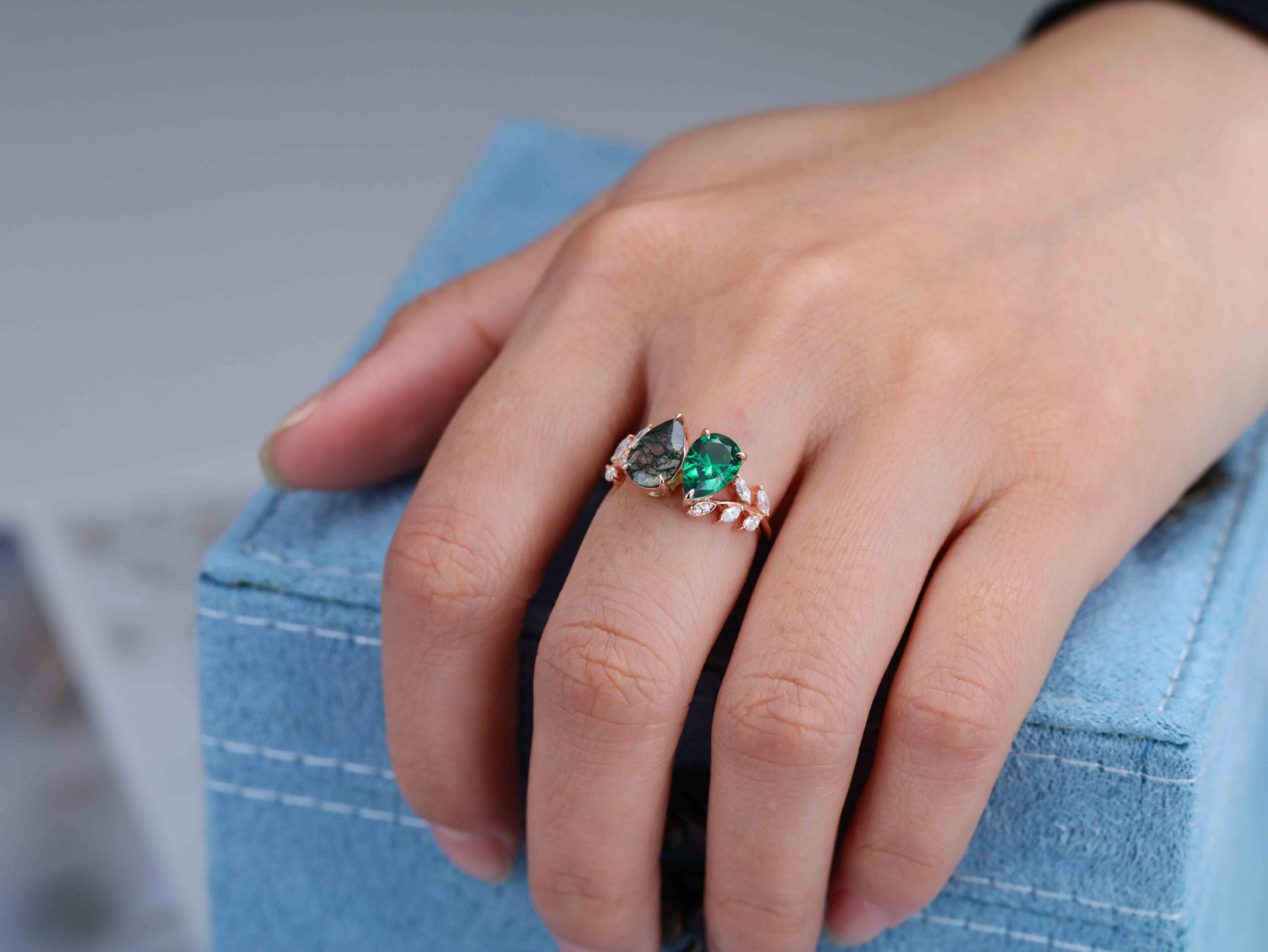 Pear Cut Lab Emerald & Moss Agate Toi Et Moi Engagement Ring Two Stone 14K Rose Gold Art Deco Leaf Moissanite Branch Nature Inspired Cluster Ring
