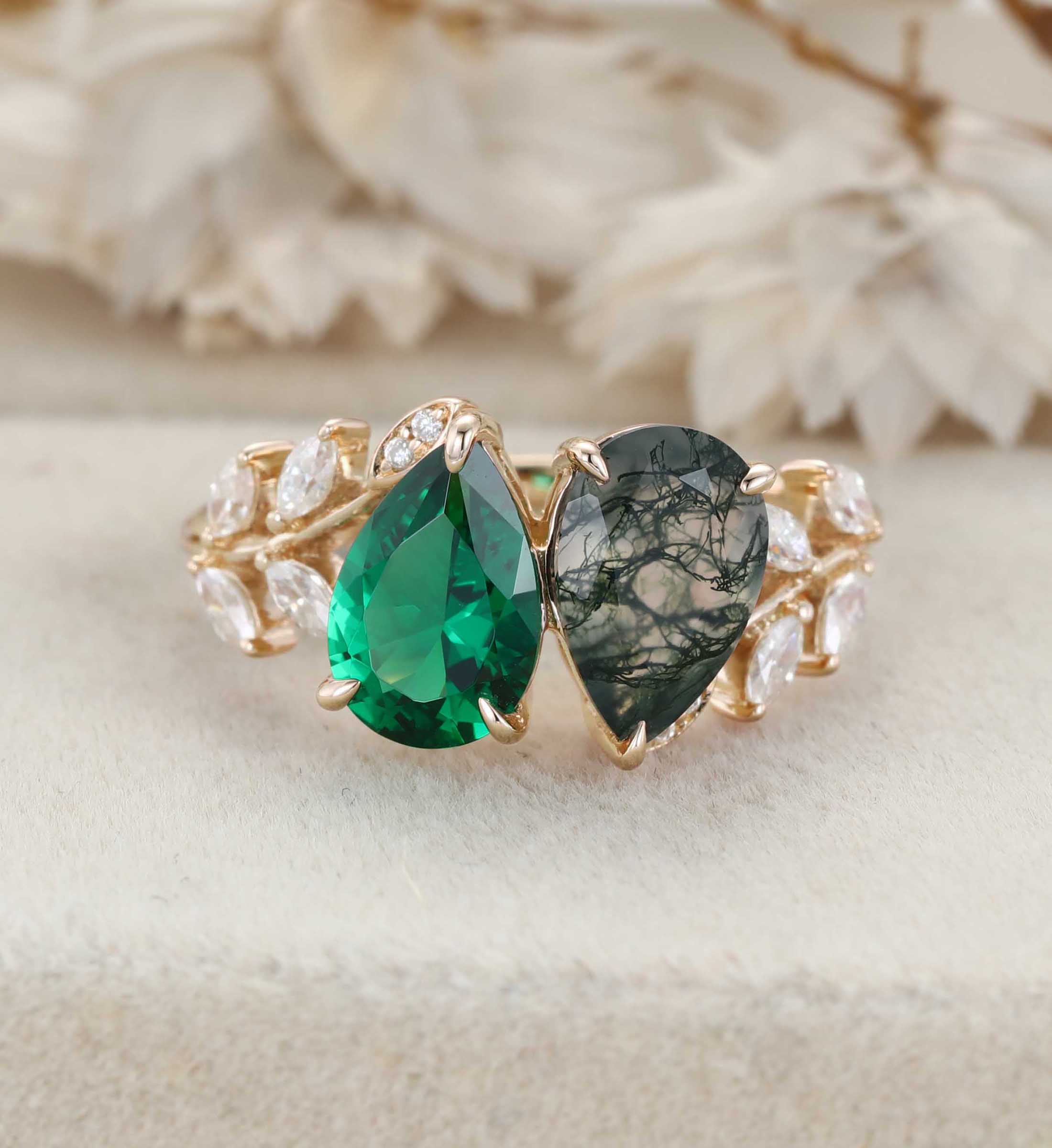 Pear Cut Lab Emerald & Moss Agate Toi Et Moi Engagement Ring Two Stone 14K Rose Gold Art Deco Leaf Moissanite Branch Nature Inspired Cluster Ring