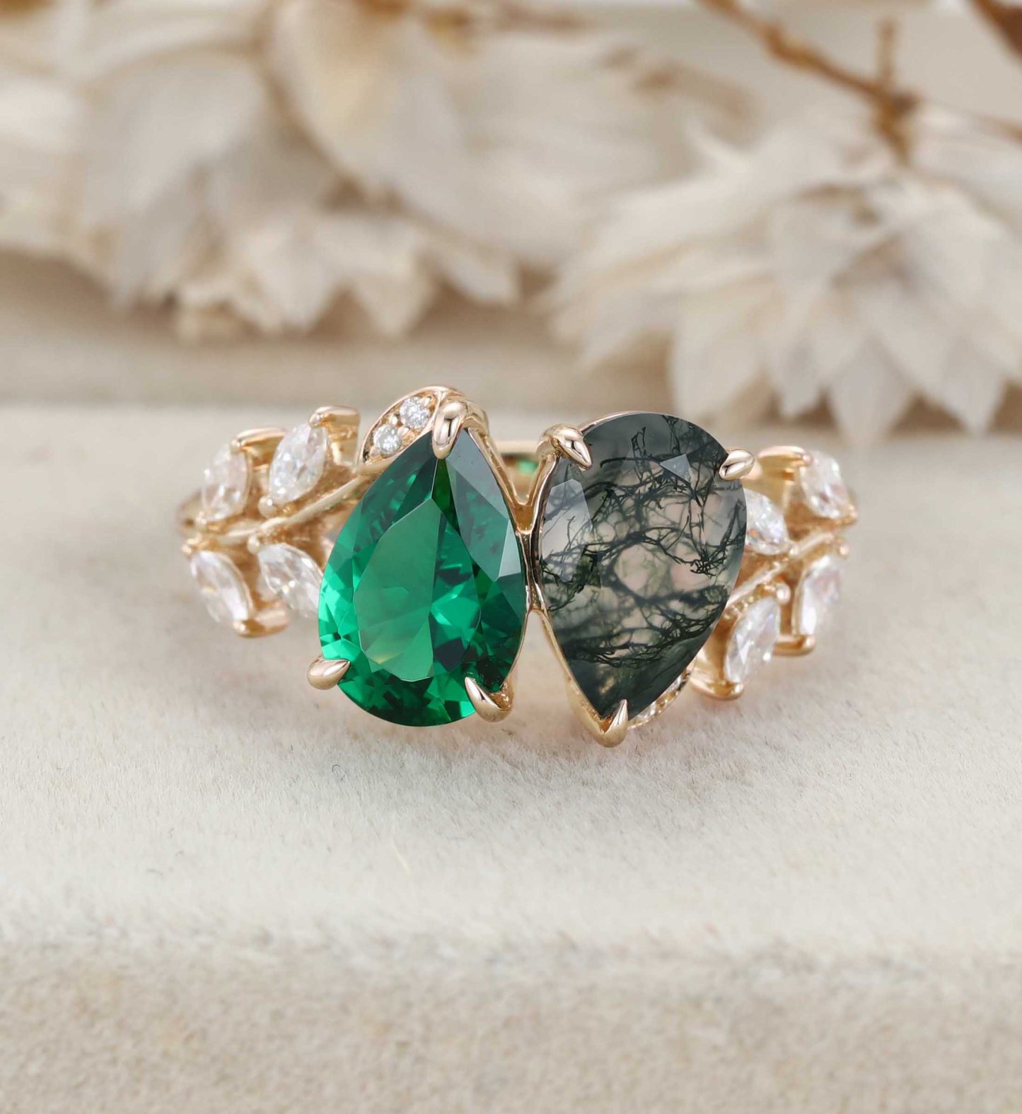 Pear Cut Lab Emerald & Moss Agate Toi Et Moi Engagement Ring Two Stone 14K Rose Gold Art Deco Leaf Moissanite Branch Nature Inspired Cluster Ring