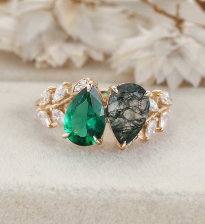 Pear Cut Lab Emerald & Moss Agate Toi Et Moi Engagement Ring Two Stone 14K Rose Gold Art Deco Leaf Moissanite Branch Nature Inspired Cluster Ring